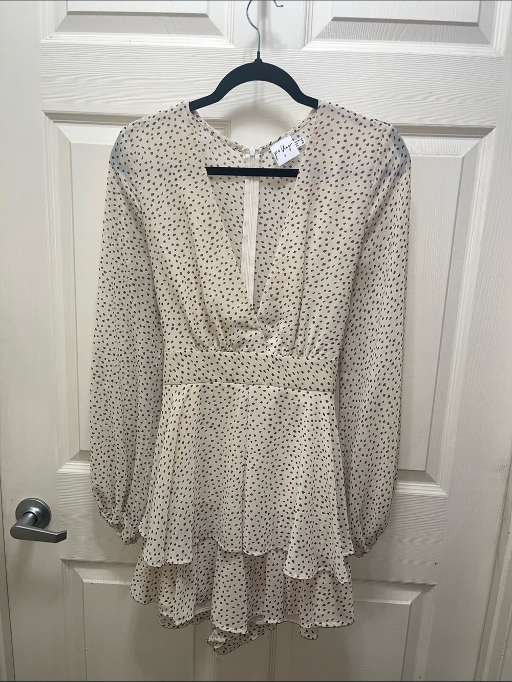 Light Cream Polka Dot Long-Sleeve Romper with Ruffle Hem